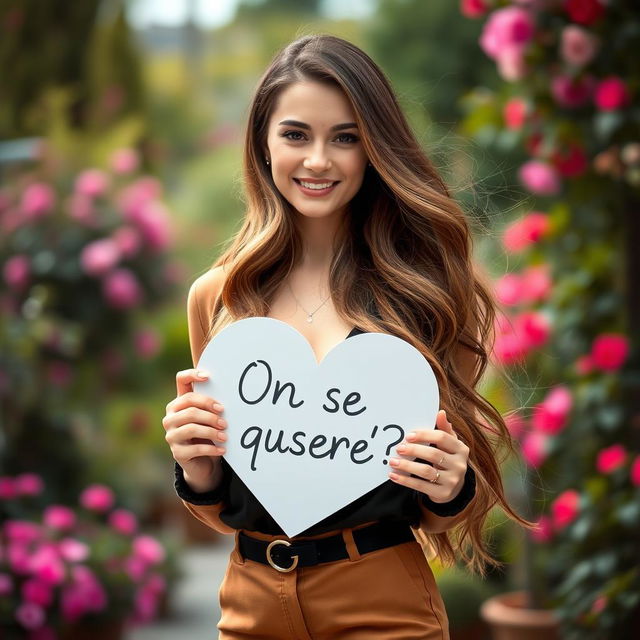 A stunning 30-year-old woman with long, flowing hair stands elegantly holding a heart-shaped sign that says: "On se connaît ?" in French