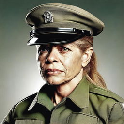 A high-quality digital art image of the actress Linda Hamilton, aged 70, clad in military gear