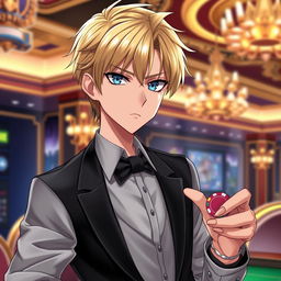 A young anime villain depicted as a gambler, wearing a sleek business suit that conveys both elegance and menace