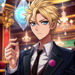 A young anime villain depicted as a gambler, wearing a sleek business suit that conveys both elegance and menace