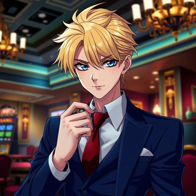 A young anime villain depicted as a gambler, wearing a sleek business suit that conveys both elegance and menace