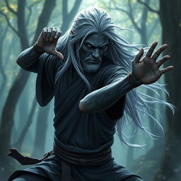 A male drow monk with dark grey skin and long flowing silver hair