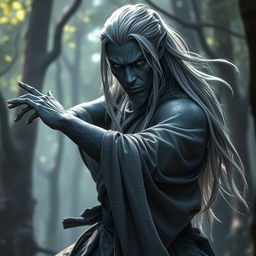 A male drow monk with dark grey skin and long flowing silver hair