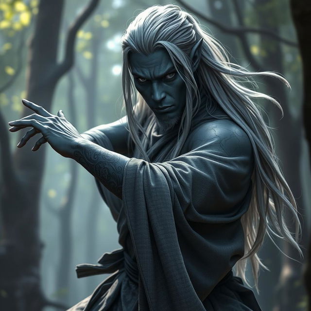 A male drow monk with dark grey skin and long flowing silver hair