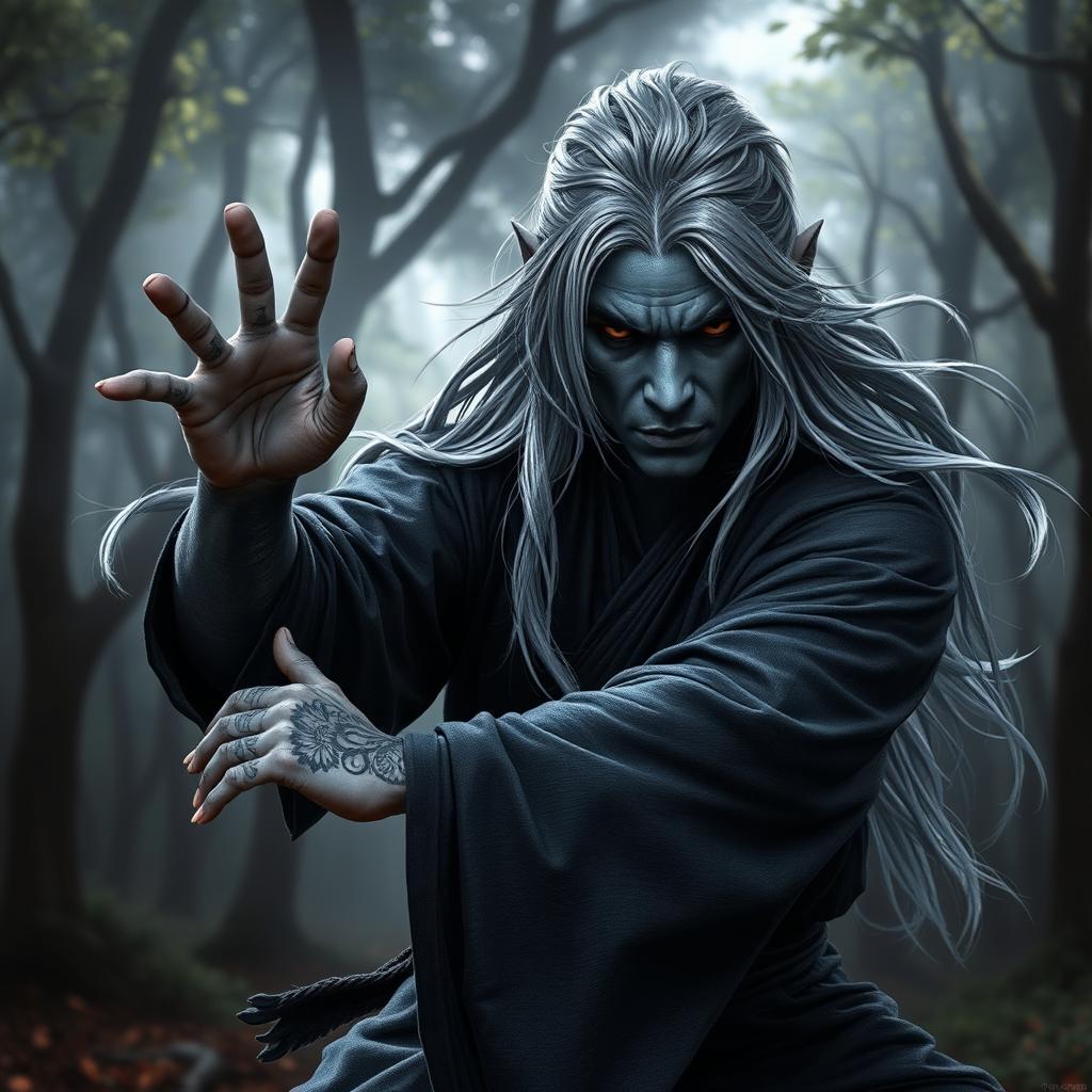 A male drow monk with dark grey skin and long flowing silver hair