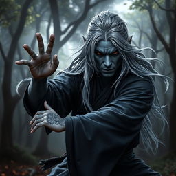 A male drow monk with dark grey skin and long flowing silver hair