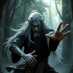 A male drow monk with dark grey skin and long flowing silver hair