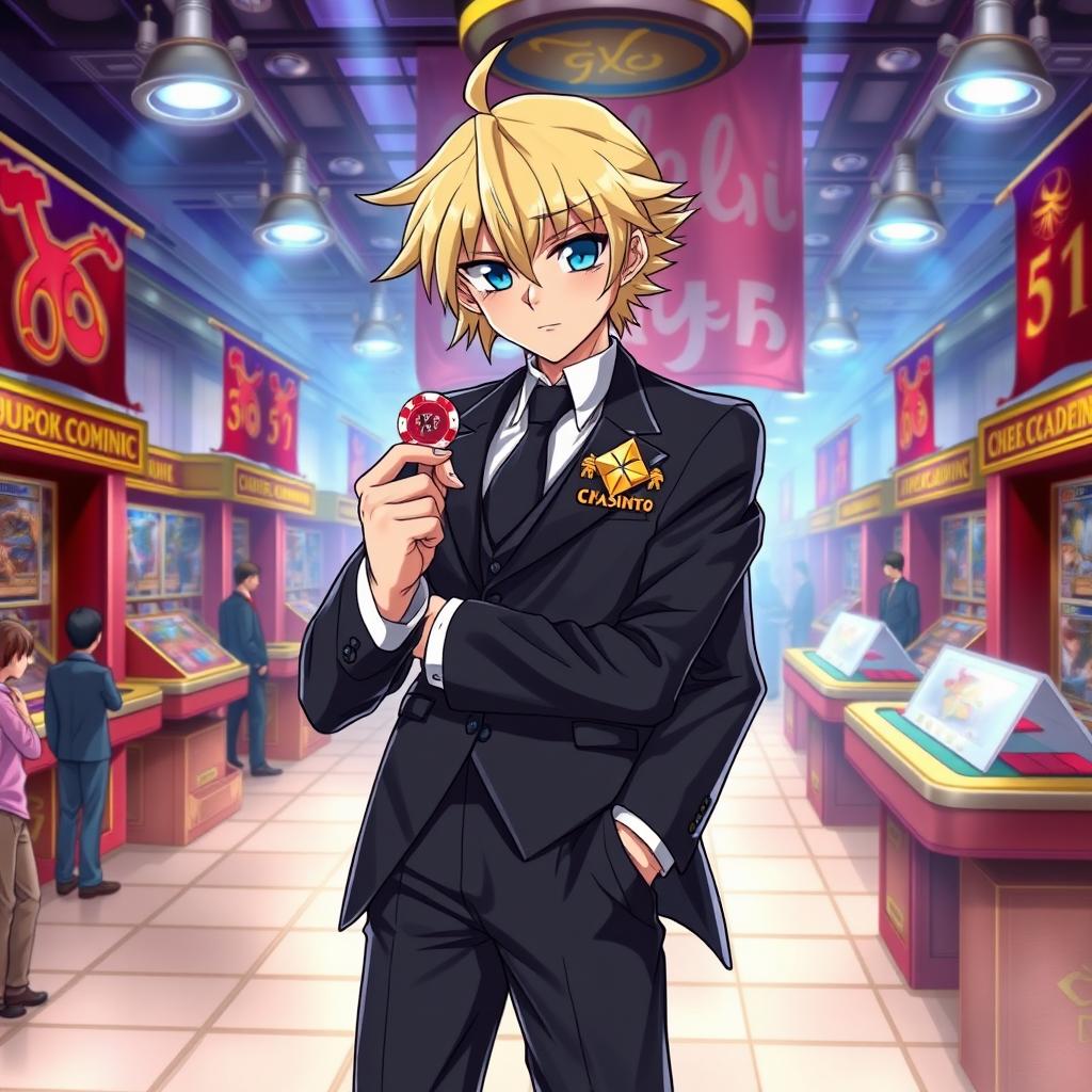 A young anime villain depicted as a gambler, dressed in a sophisticated business suit that blends elegance with a slightly menacing aura