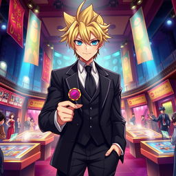 A young anime villain depicted as a gambler, dressed in a sophisticated business suit that blends elegance with a slightly menacing aura