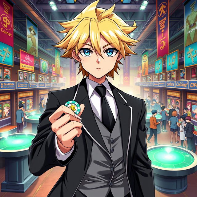 A young anime villain depicted as a gambler, dressed in a sophisticated business suit that blends elegance with a slightly menacing aura