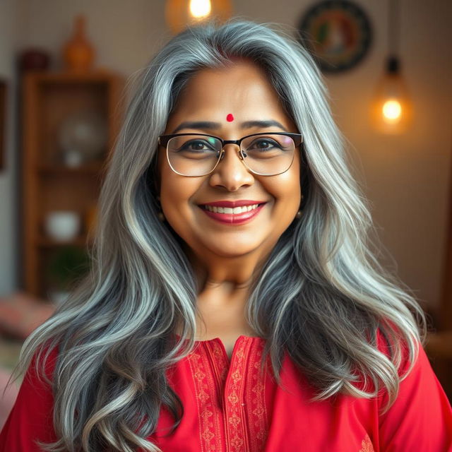 A 60-year-old dusky Indian plus-size housewife, exuding warmth and grace