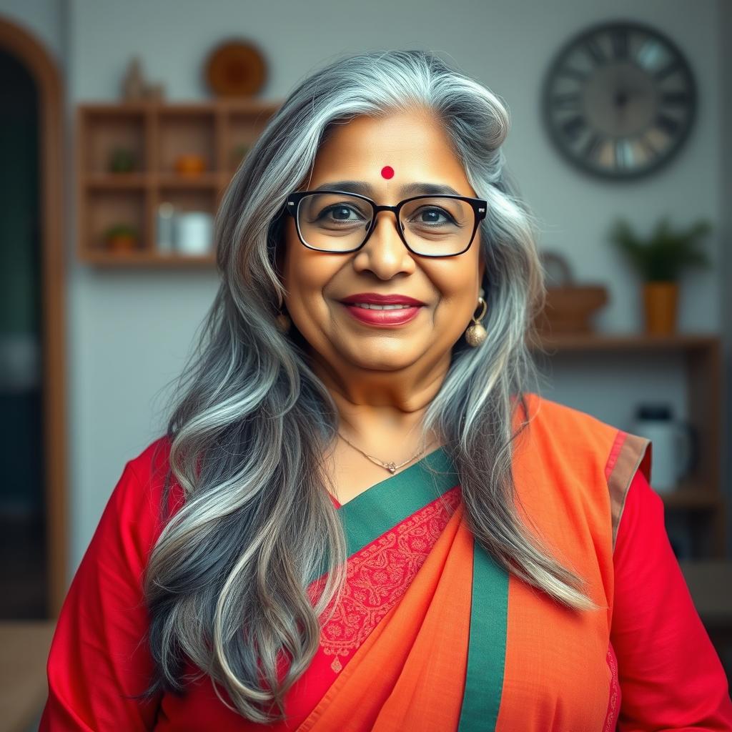 A 60-year-old dusky Indian plus-size housewife, exuding warmth and grace