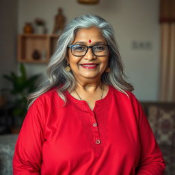 A 60-year-old dusky Indian plus-size housewife, exuding warmth and grace