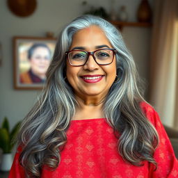 A 60-year-old dusky Indian plus-size housewife, exuding warmth and grace