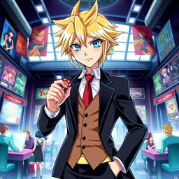 A young anime villain characterized as a gambler, dressed in a sharp, stylish business suit that exudes confidence and a hint of menace