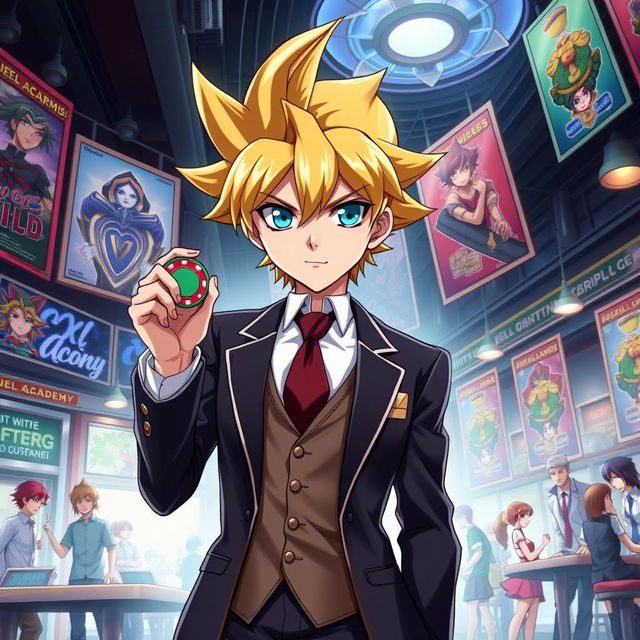 A young anime villain characterized as a gambler, dressed in a sharp, stylish business suit that exudes confidence and a hint of menace