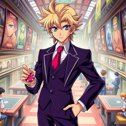 A young anime villain characterized as a gambler, dressed in a sharp, stylish business suit that exudes confidence and a hint of menace