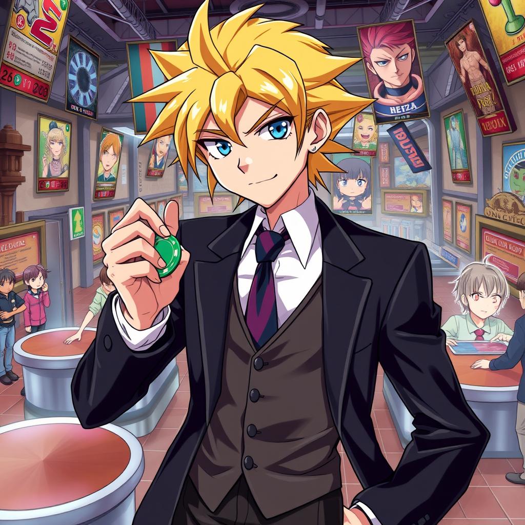 A young anime villain characterized as a gambler, dressed in a sharp, stylish business suit that exudes confidence and a hint of menace