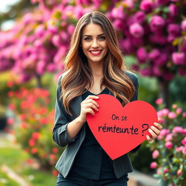 A stunning 30-year-old woman with long, flowing hair stands elegantly holding a heart-shaped sign that says: "On se rencontre?" She is dressed in a stylish outfit that accentuates her beauty, exuding confidence with a warm and inviting smile