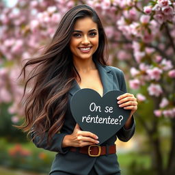 A stunning 30-year-old woman with long, flowing hair stands elegantly holding a heart-shaped sign that says: "On se rencontre?" She is dressed in a stylish outfit that accentuates her beauty, exuding confidence with a warm and inviting smile