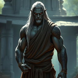 A muscular male drow monk wearing sleeveless robes that highlight his strong physique