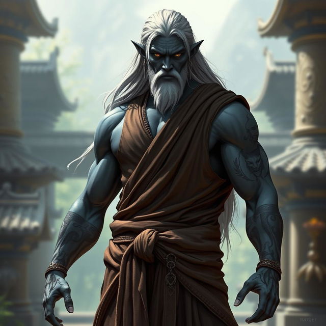 A muscular male drow monk wearing sleeveless robes that highlight his strong physique