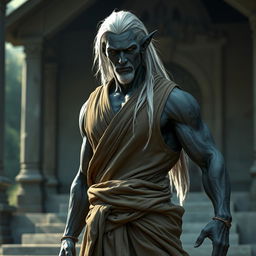 A muscular male drow monk wearing sleeveless robes that highlight his strong physique