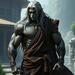 A muscular male drow monk wearing sleeveless robes that highlight his strong physique