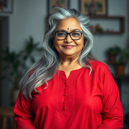 A 60-year-old dusky Indian plus-size housewife, radiating warmth and charm