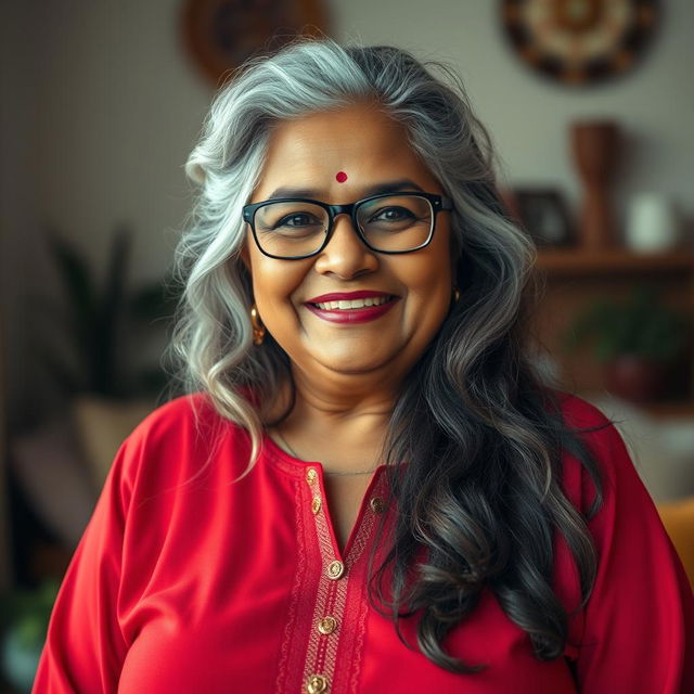 A 60-year-old dusky Indian plus-size housewife, radiating warmth and charm
