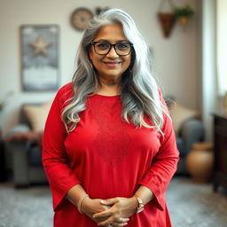 A 60-year-old dusky Indian plus-size housewife, radiating warmth and charm