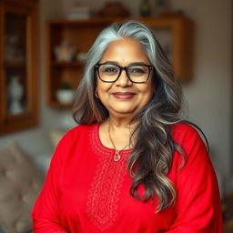 A 60-year-old dusky Indian plus-size housewife, radiating warmth and charm