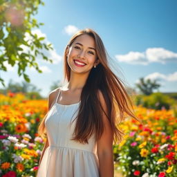 A young woman standing in a vibrant garden filled with colorful flowers
