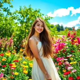 A young woman standing in a vibrant garden filled with colorful flowers