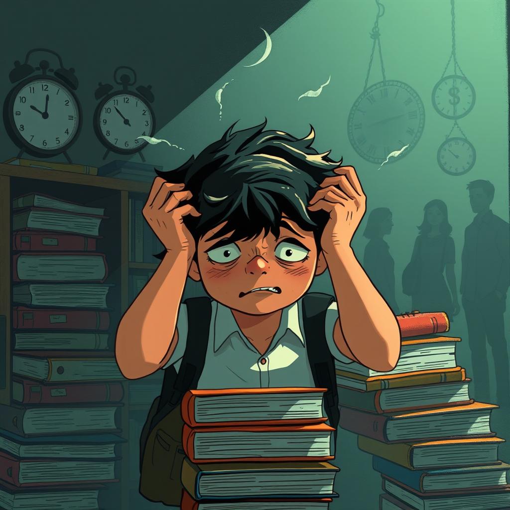 An illustration of a young person in an academic environment, expressing anxiety and mental overload