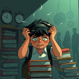 An illustration of a young person in an academic environment, expressing anxiety and mental overload