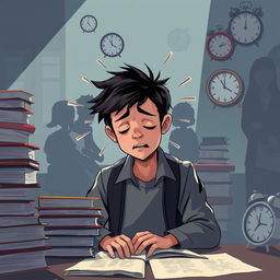 An illustration of a young person in an academic environment, expressing anxiety and mental overload