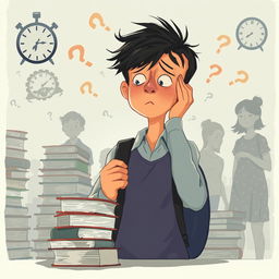 An illustration of a young person in an academic environment, expressing anxiety and mental overload