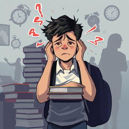 An illustration of a young person in an academic environment, expressing anxiety and mental overload