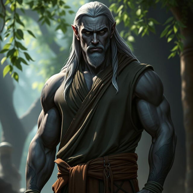 A muscular male drow monk wearing sleeveless robes that accentuate his impressive physique