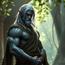 A muscular male drow monk wearing sleeveless robes that accentuate his impressive physique