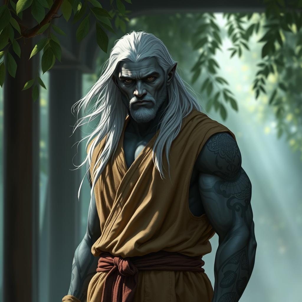 A muscular male drow monk wearing sleeveless robes that accentuate his impressive physique