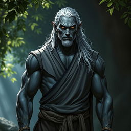 A muscular male drow monk wearing sleeveless robes that accentuate his impressive physique