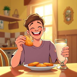 A 20-year-old young man joyfully eating a piece of crispy fried chicken while sipping from a glass of milk
