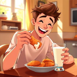 A 20-year-old young man joyfully eating a piece of crispy fried chicken while sipping from a glass of milk