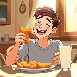 A 20-year-old young man joyfully eating a piece of crispy fried chicken while sipping from a glass of milk