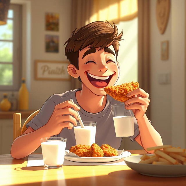 A 20-year-old young man joyfully eating a piece of crispy fried chicken while sipping from a glass of milk