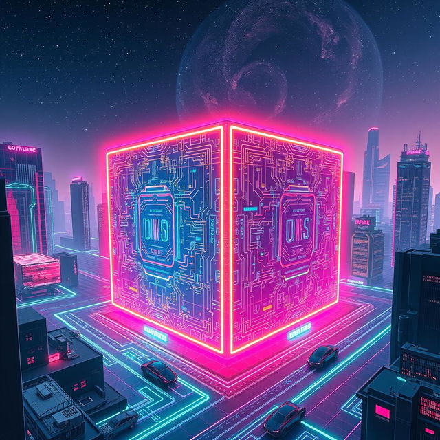 A futuristic digital landscape featuring a massive, glowing 3D cube called the DIGIISQUARE that pulsates with vibrant neon colors