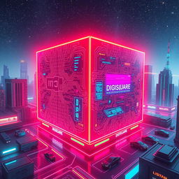 A futuristic digital landscape featuring a massive, glowing 3D cube called the DIGIISQUARE that pulsates with vibrant neon colors