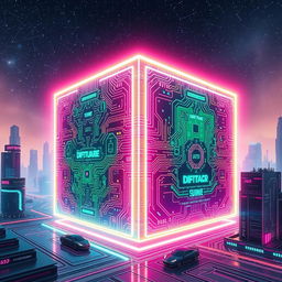 A futuristic digital landscape featuring a massive, glowing 3D cube called the DIGIISQUARE that pulsates with vibrant neon colors